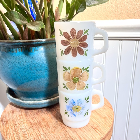 Fire King Other - Vintage Fire King Spring Flowers Milk Glass Made in USA Stackable Mugs Set of 3